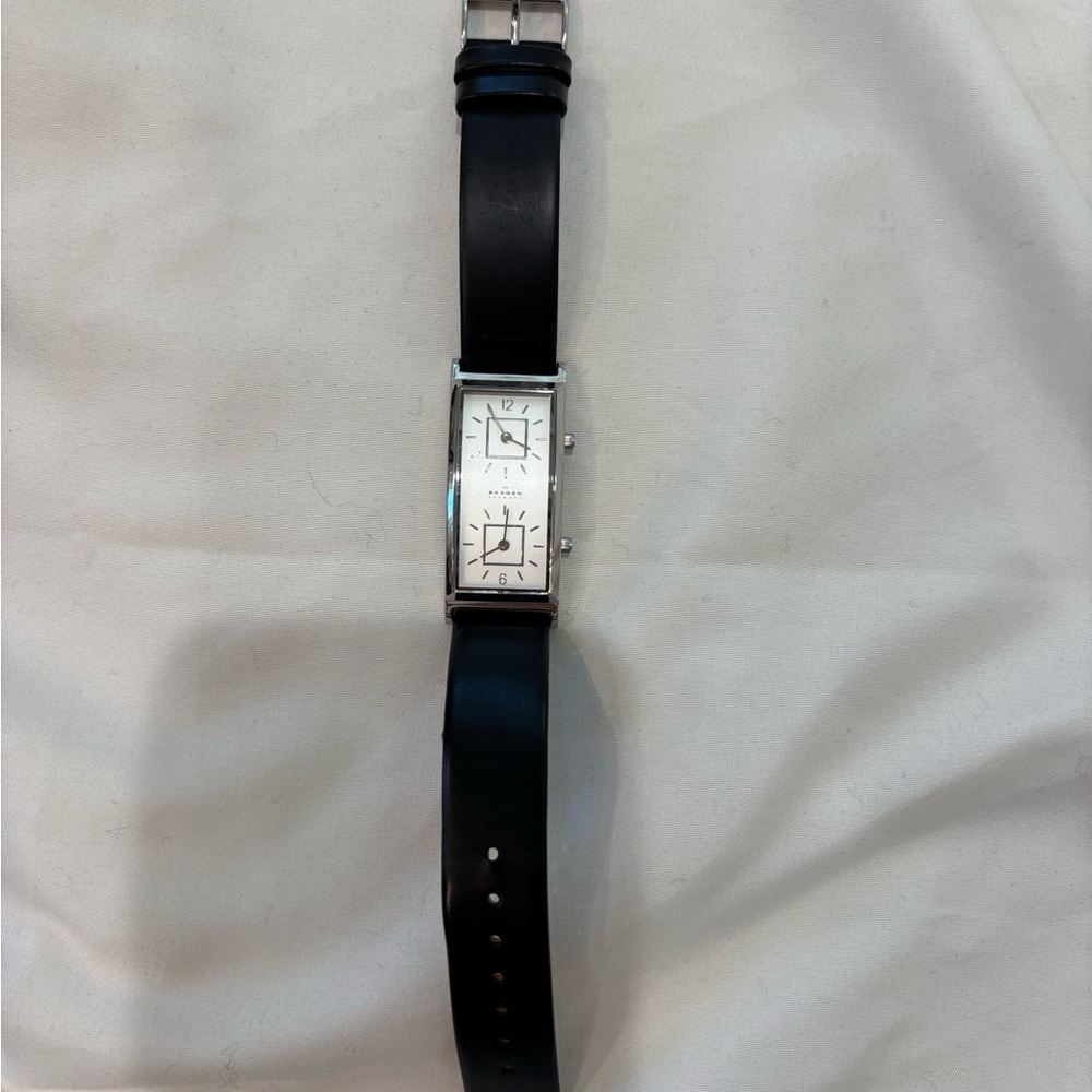 Skagen Silver Stainless Steel Dual Face Watch with Leather Band